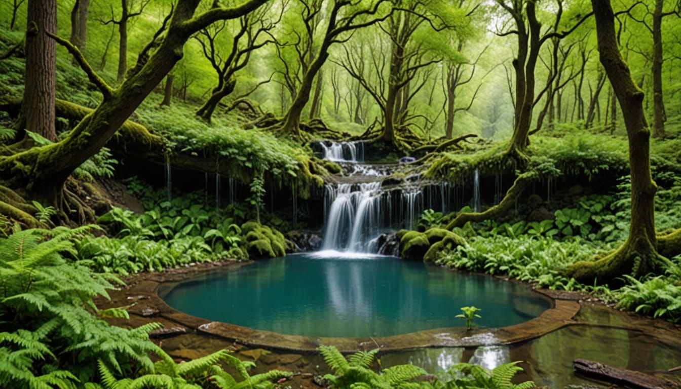 Lush Forest Pool with Multitiered Waterfalls