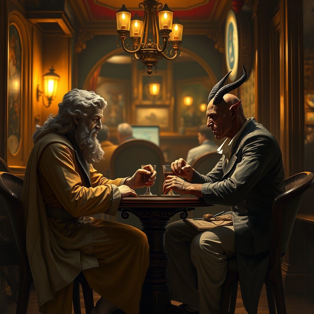 God and the Devil in Conversation, a Parisian Cafe Scene