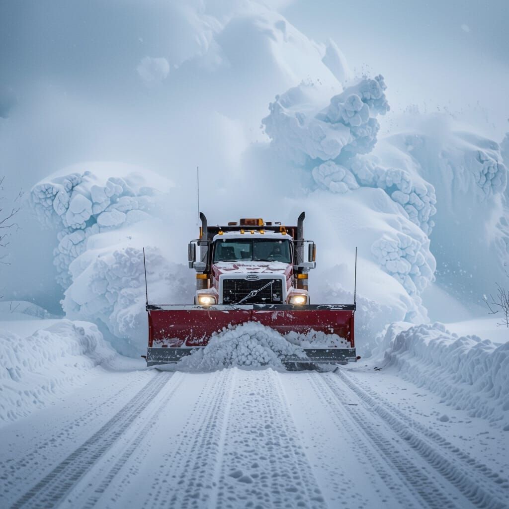 Heavy Duty Snow Plow Truck Clearing Road in Blizzard