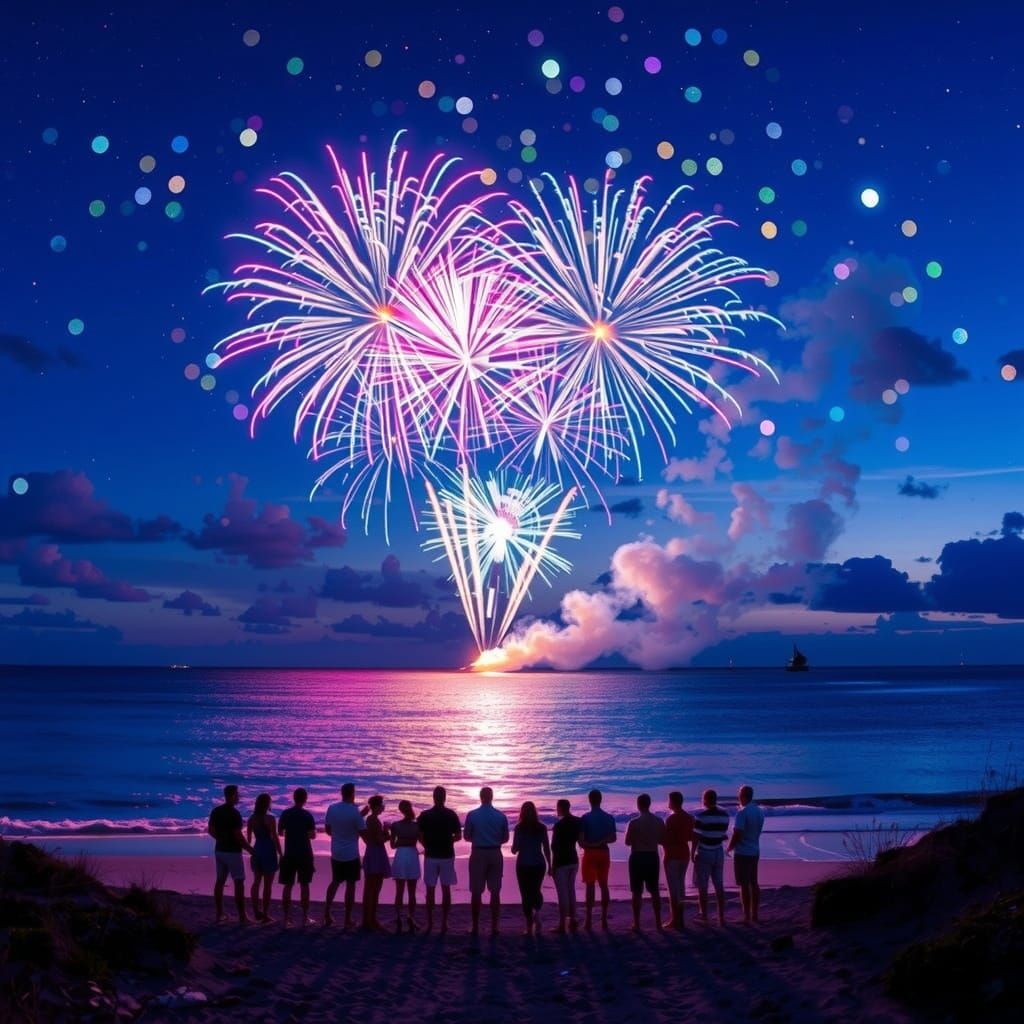 Beach Fireworks at Night in Monochrome Style