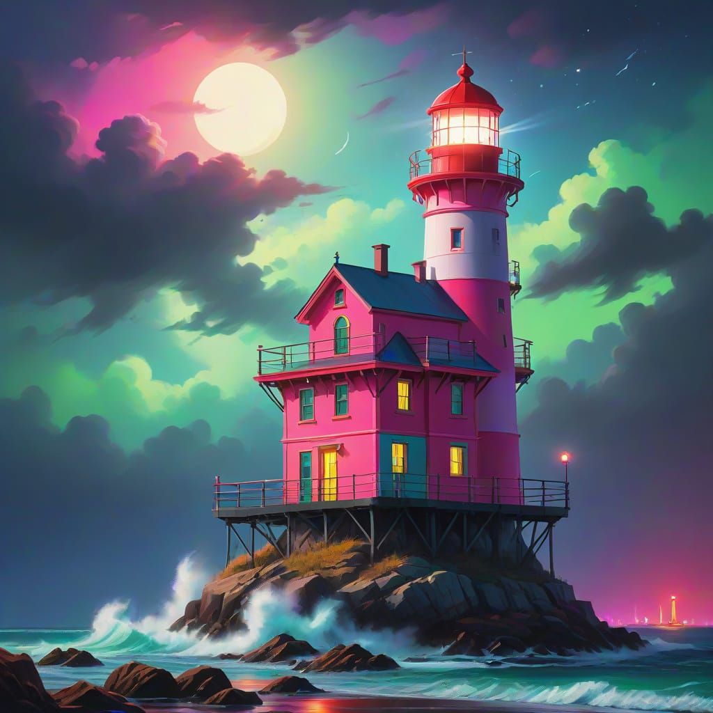 Vibrant Neon Lighthouse at Sea