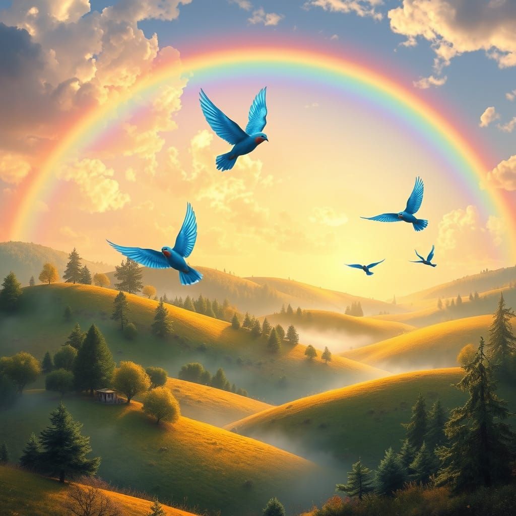 Dreamy Whimsical Landscape with Rainbow and Iridescent Birds