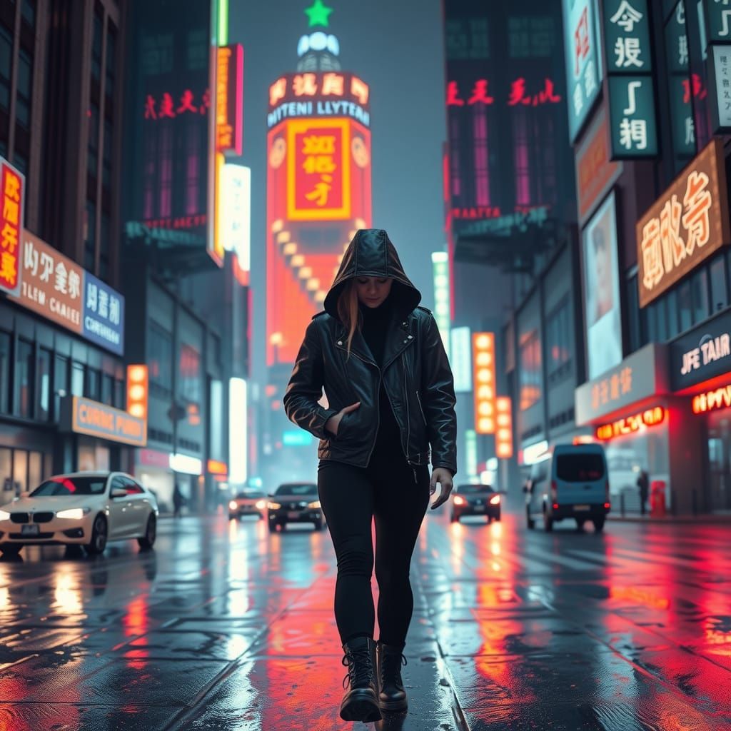 Cyberpunk Woman in Neon Cityscape