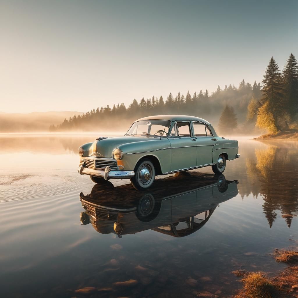 Vintage Car at Moran Lake: Cinematic Landscape Photography