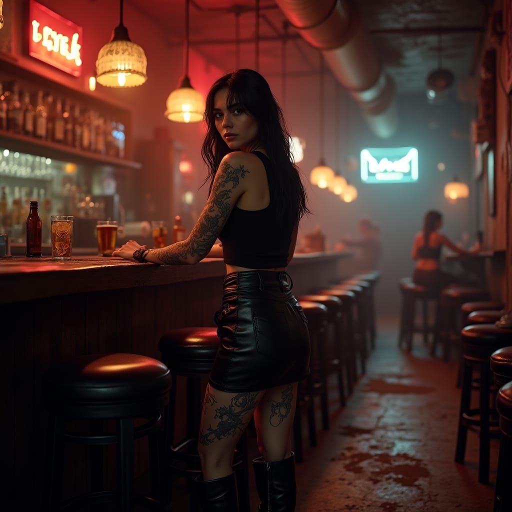 Eastern European Woman in Leather Skirt at Moody Tavern