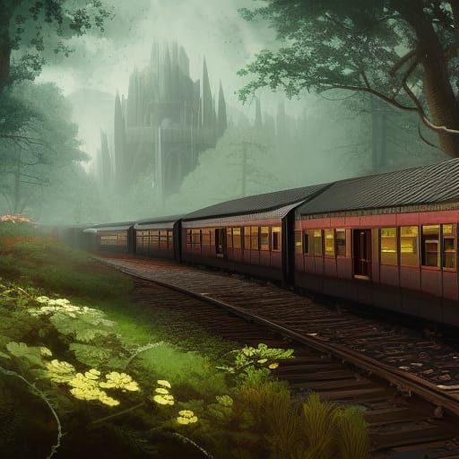 Fantastical Forest Train Station in Detailed Matte Painting