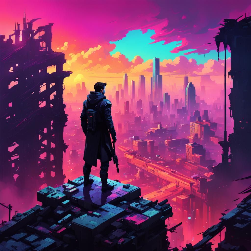 Cyberpunk Lone Figure Overlooking Ravaged Cityscape