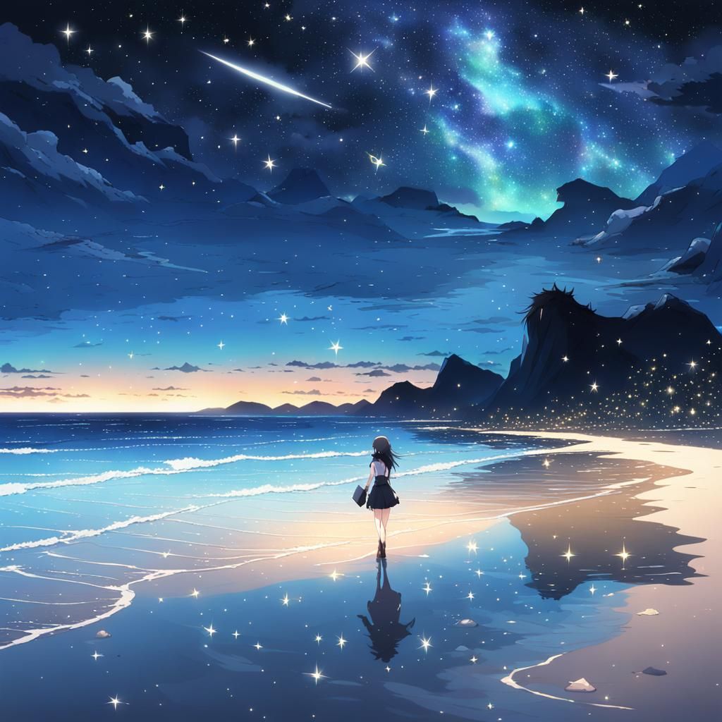 Anime Girl on Bioluminescent Starlit Beach