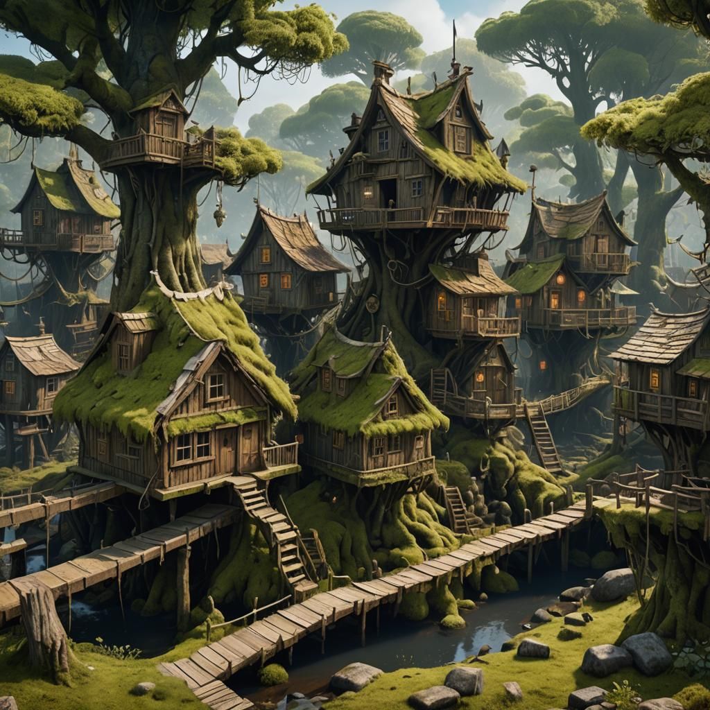 Mossy Bog Shantytown: Detailed Matte Painting