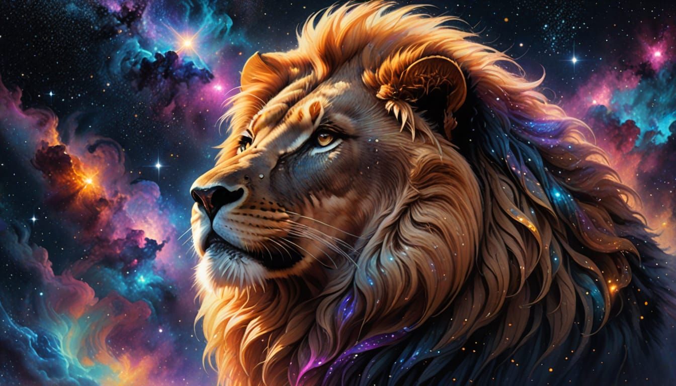 Cosmic Lion in Nebula Regales with Stardust Mane