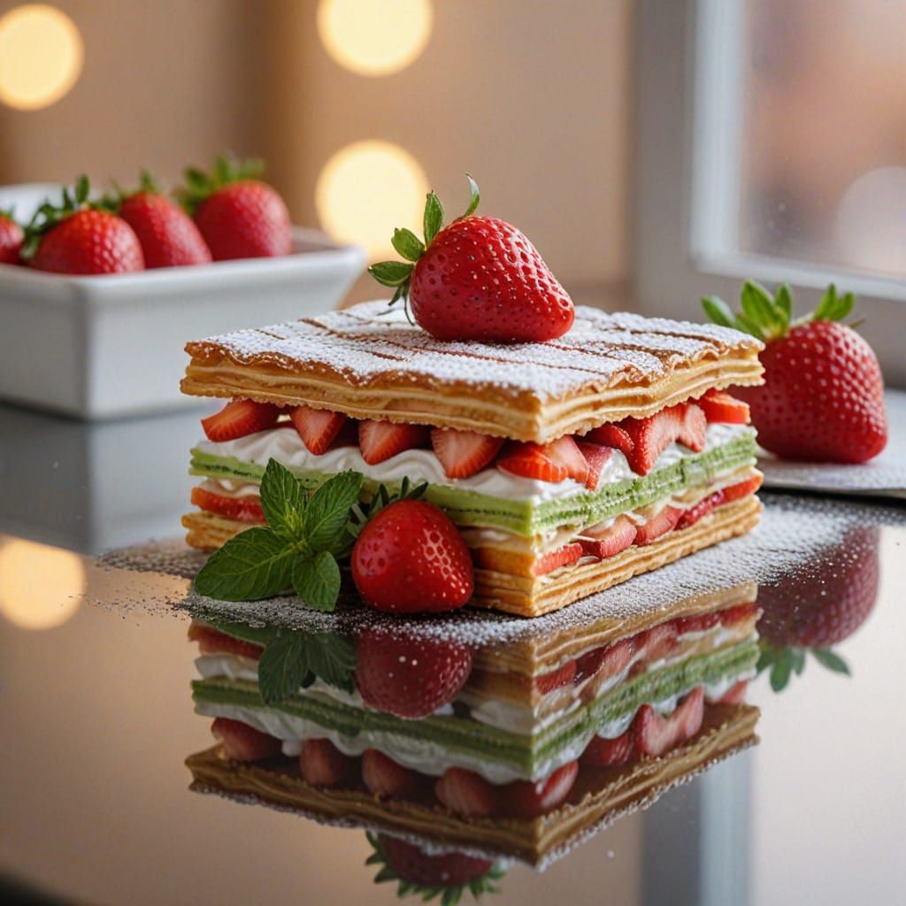 Glistening Mille-Feuille Pastry with Strawberry on Mirror