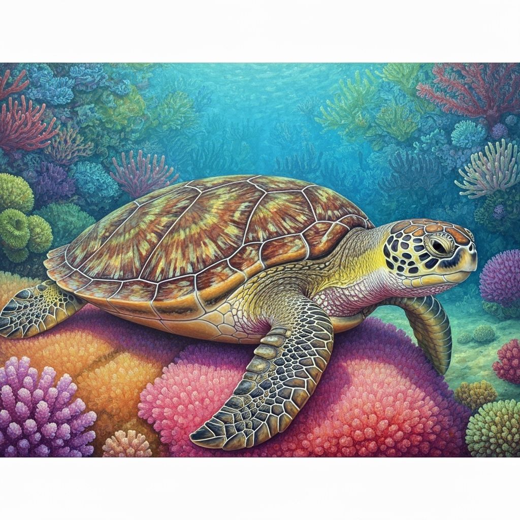 Turtle on Coral Reef in Expressionist Style