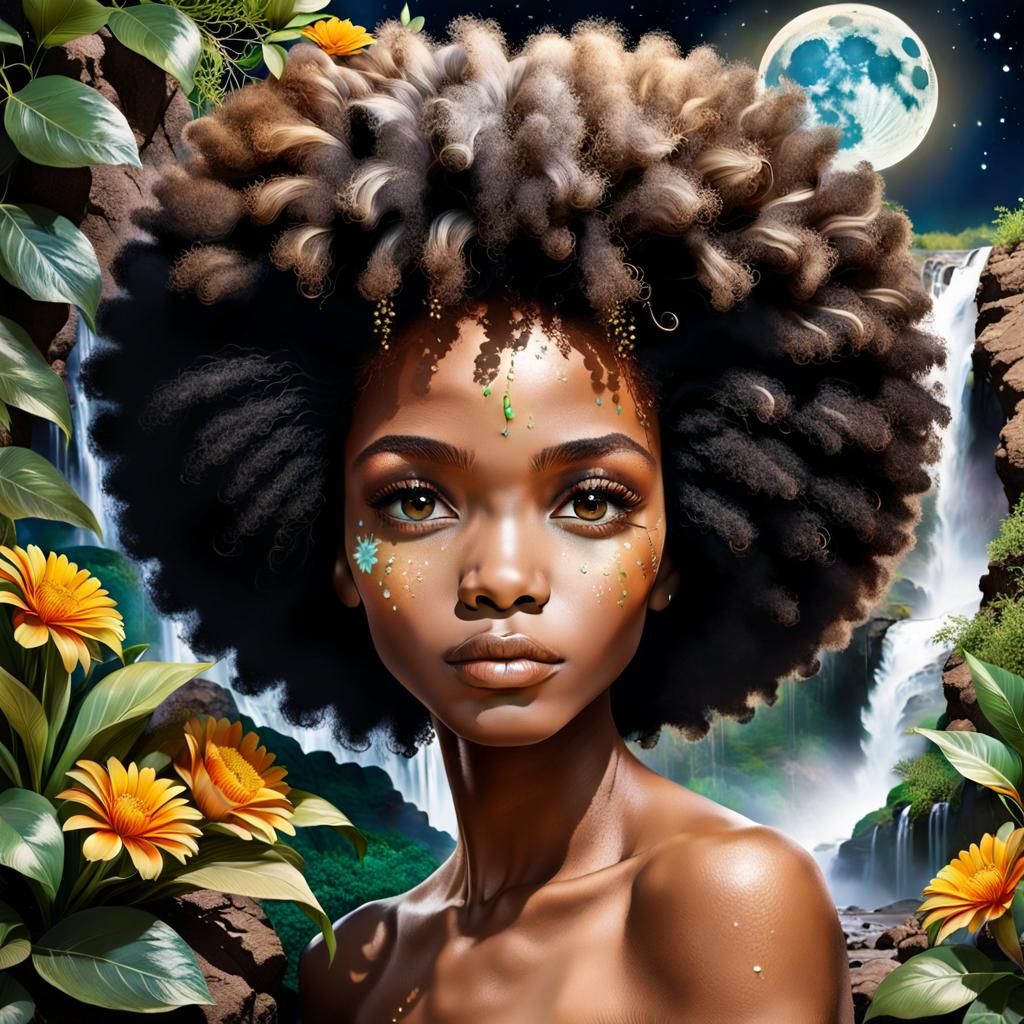 Dual-Faced Afro Woman: Earth and Waterfall