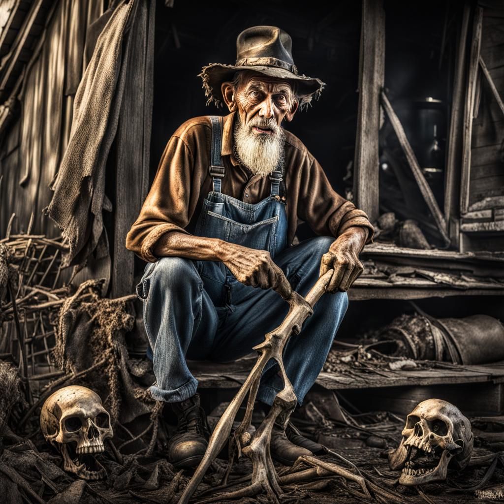 Crazed Codger Unearths Skeleton: Hyperrealistic 3D Render