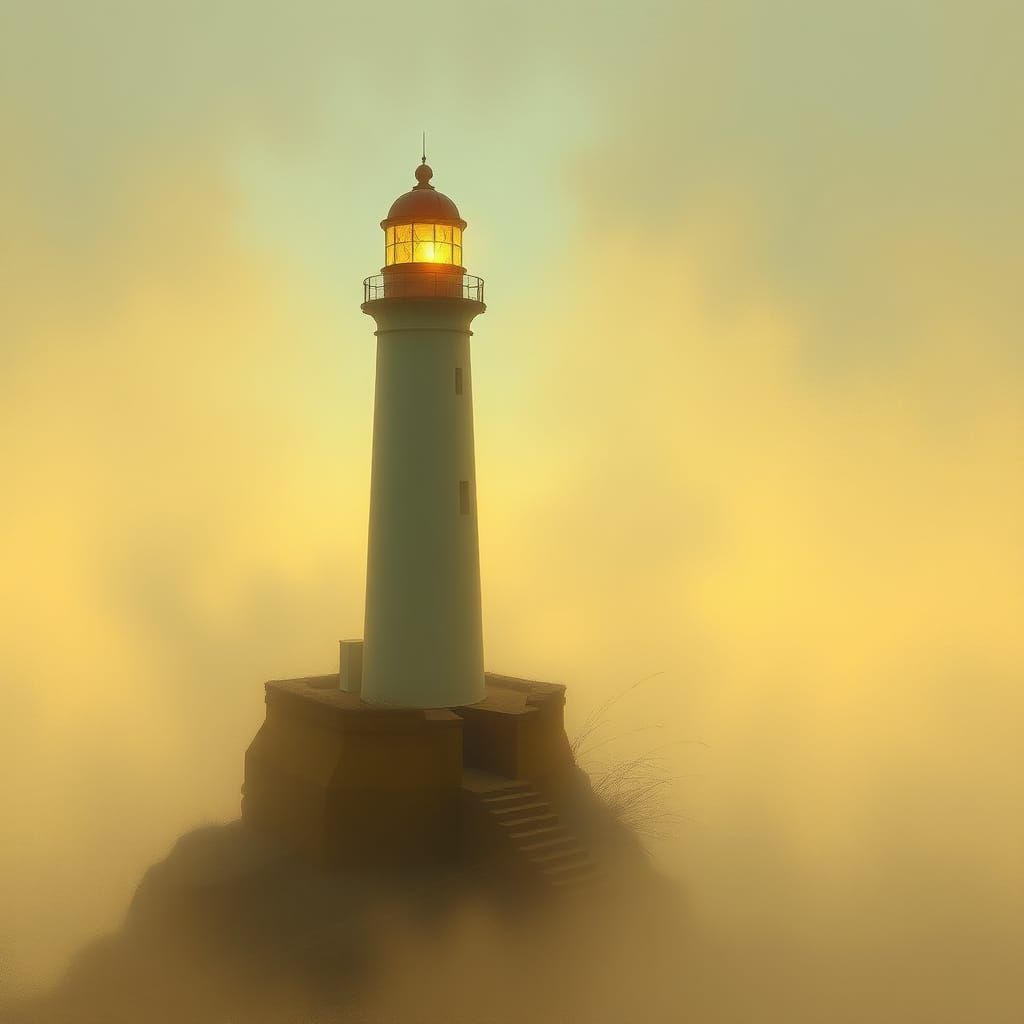 Lighthouse Shines Through Fog in Romantic Style