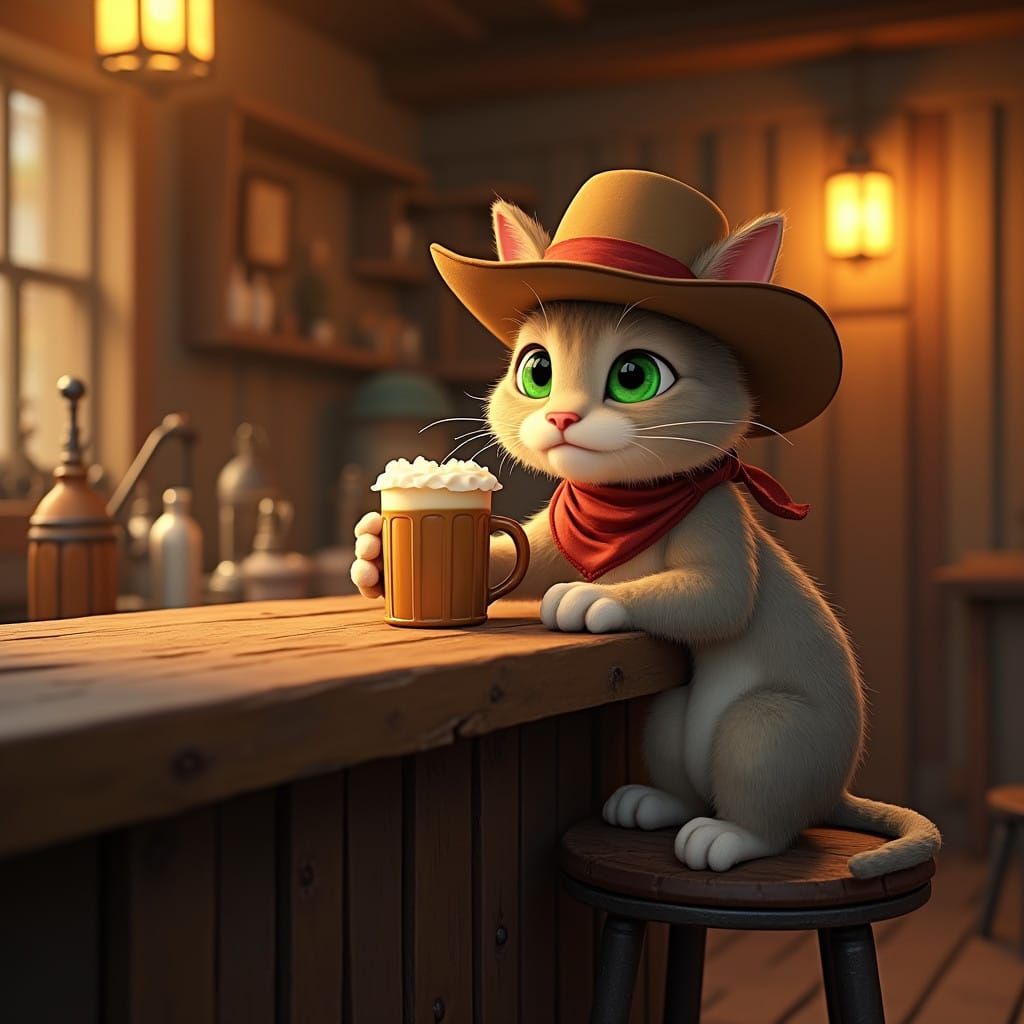 Animated Tabby Cat Sits in a Golden Western Bar