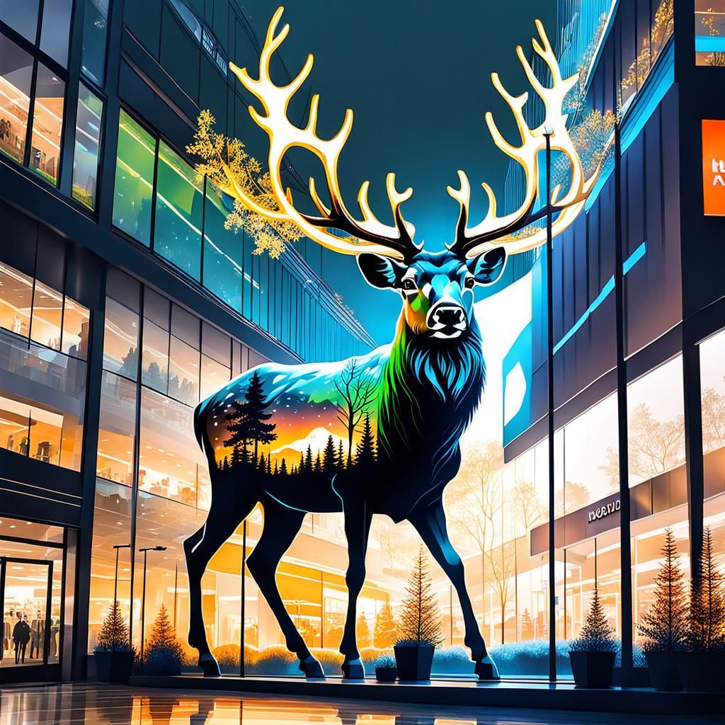 Deer in Mall: Splash Art Double Exposure
