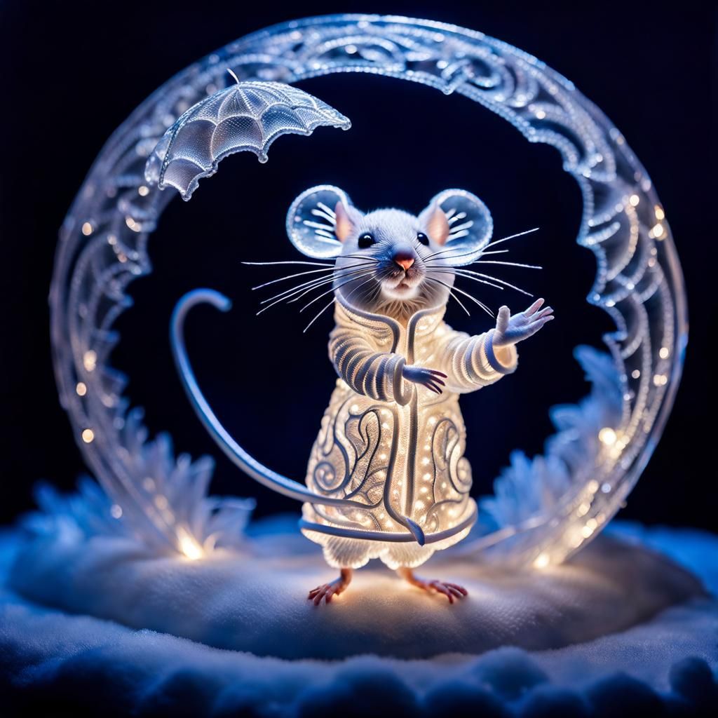 Ornate Ice Sculpture of Dancing Mouse in Moonlight