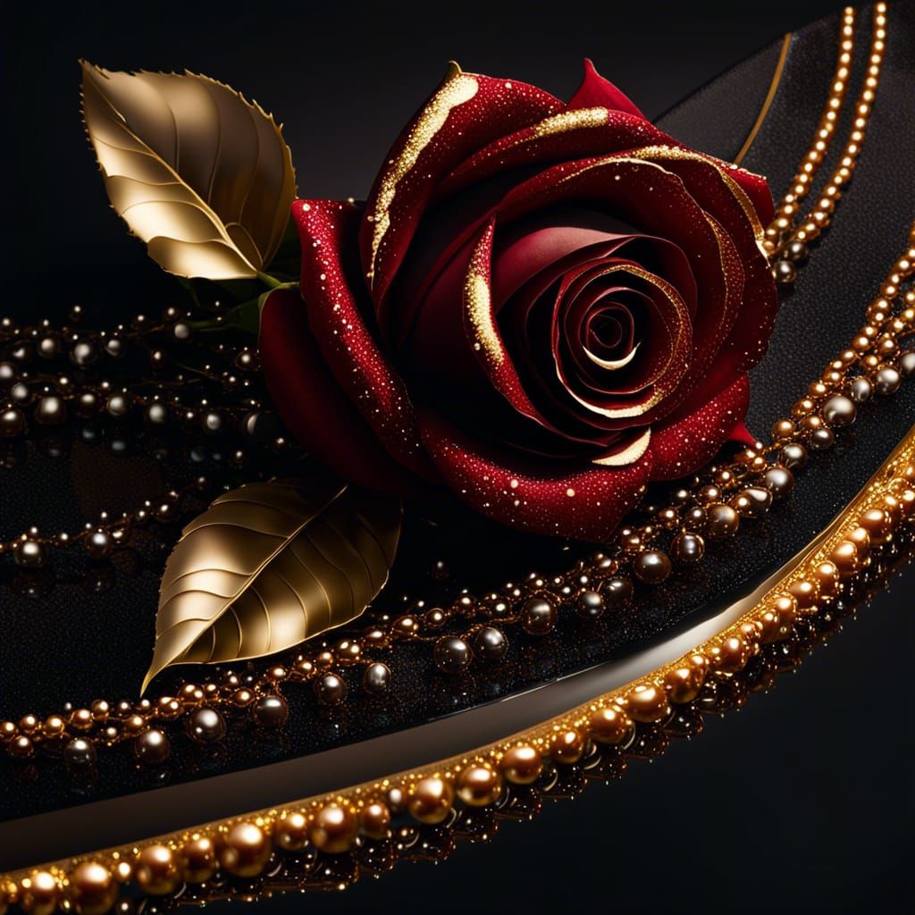 Photorealistic Dark Red Rose with Golden Glitter Details