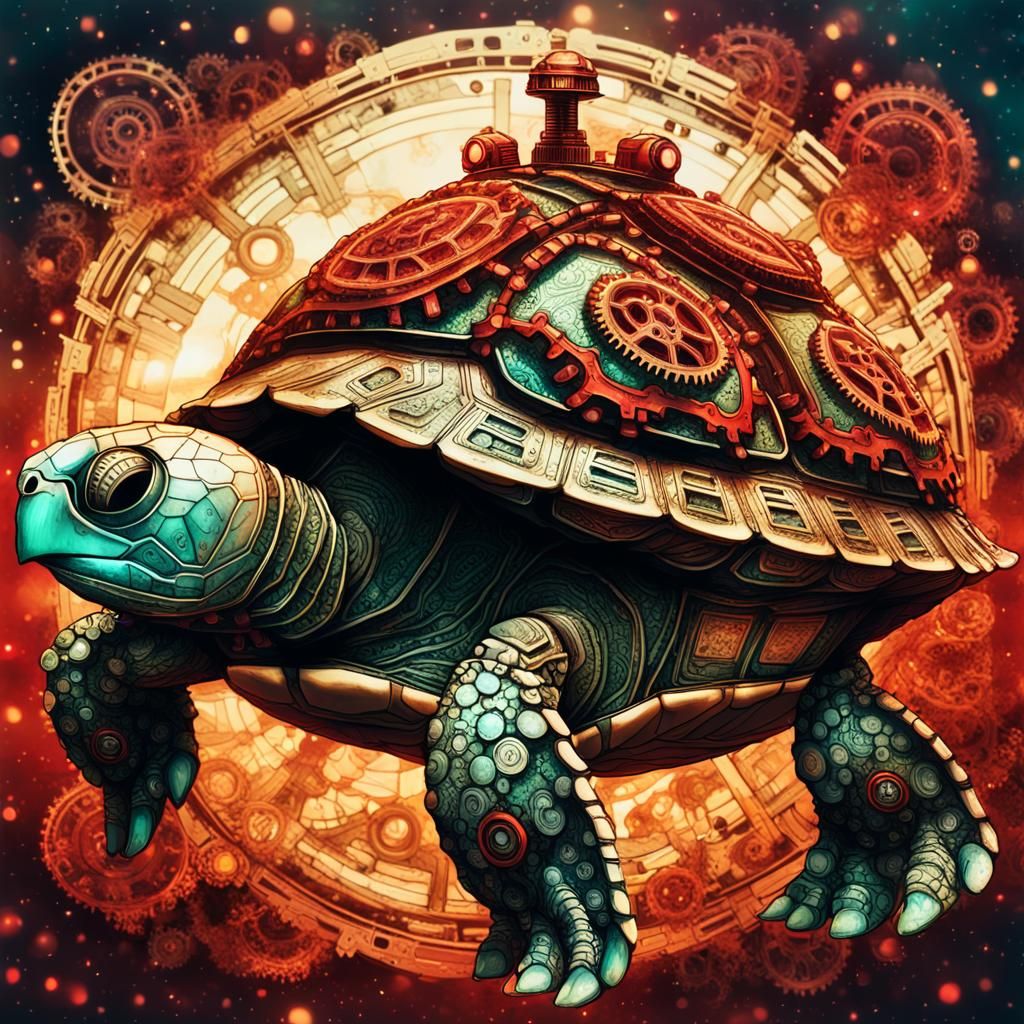 (A beautiful metal cyborg turtle overgrown with algae. a shell with a propeller made of gears, a spacesuit with red ligh...