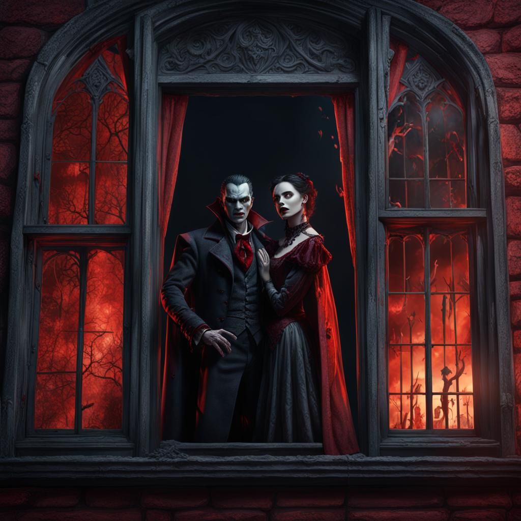 Vampire Couple in Window Frame: Digital Art