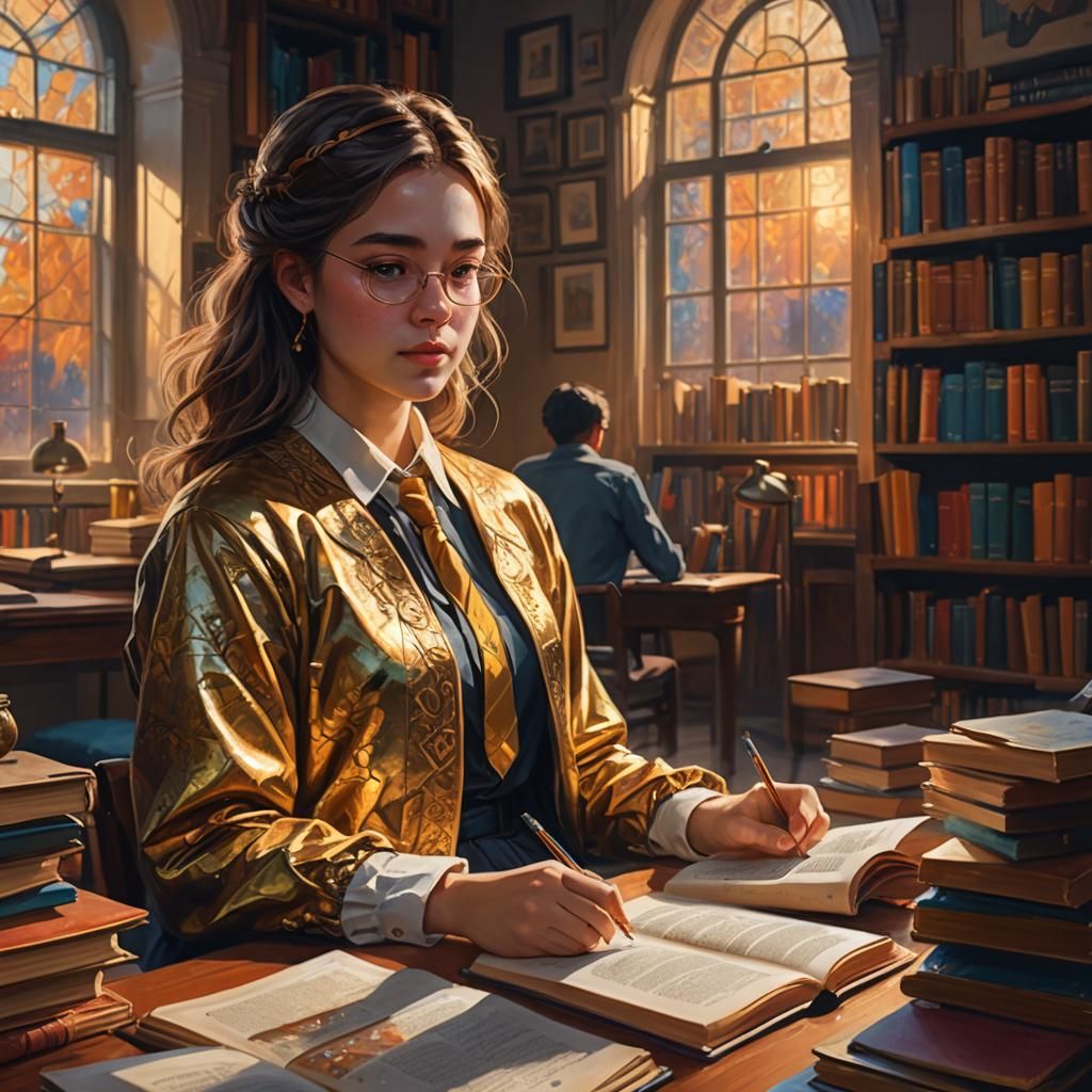 Elegant Girl Studying: A Vibrant Oil Painting