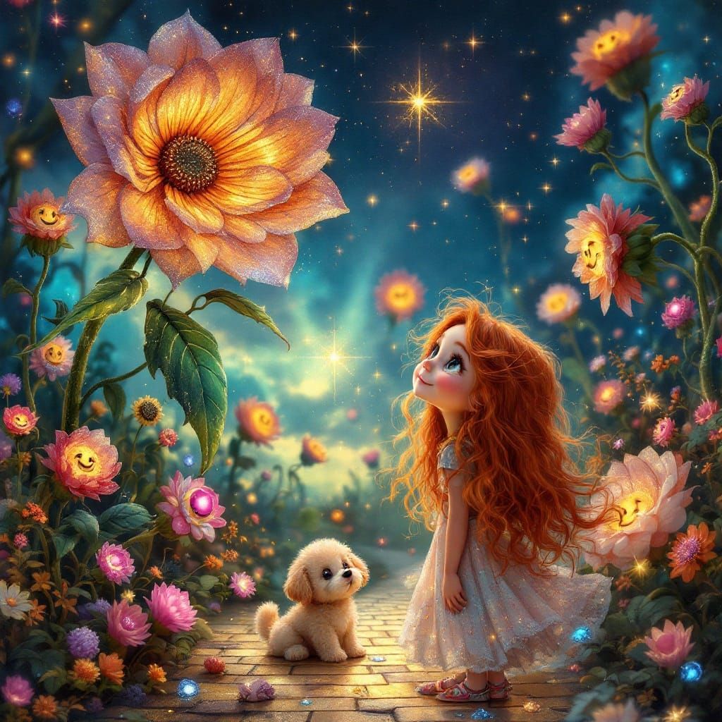 Enchanted Whimsy: Whimsical Young Girl and Puppy in a Fantas...