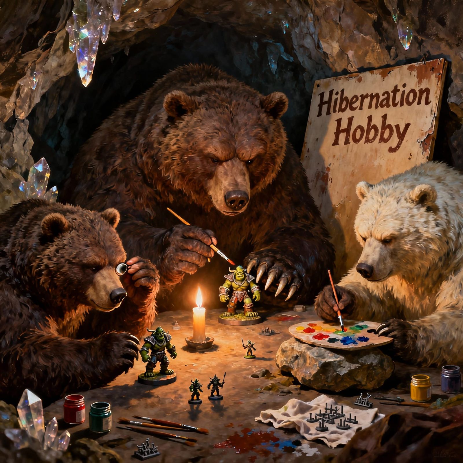 Grizzly Bears Paint Warhammer Miniatures in Cave