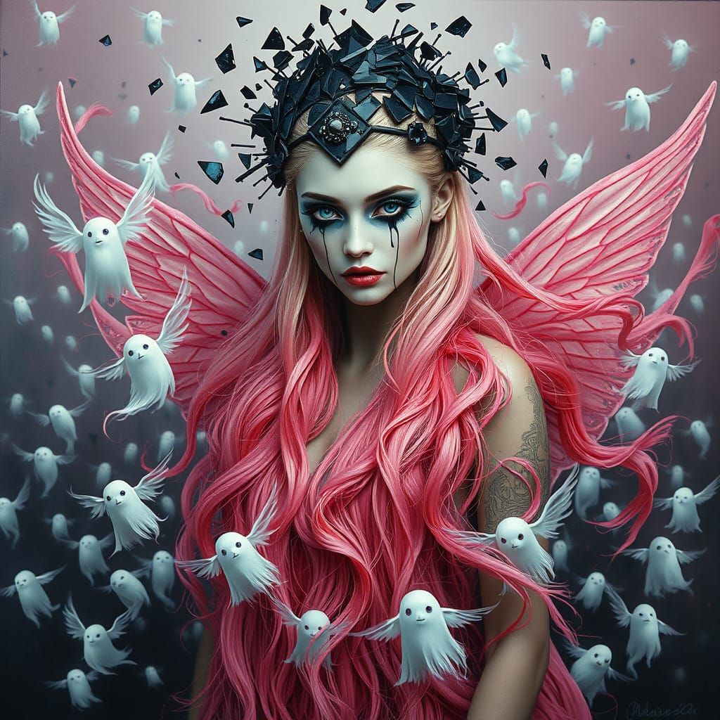 Surreal Woman with Shattered Glass in Dreamlike Style