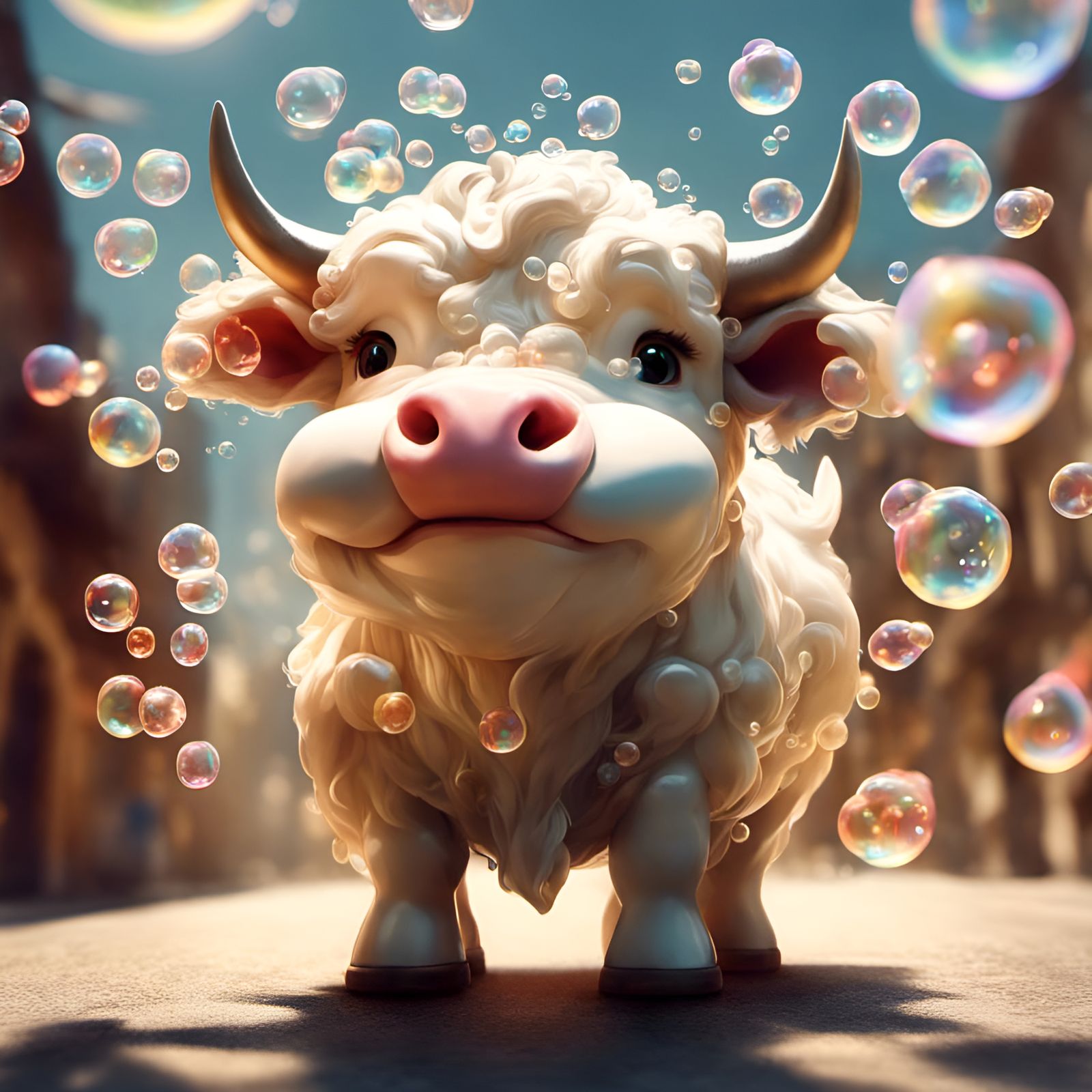 Adorable Chibi Bull Surrounded by Bubbles
