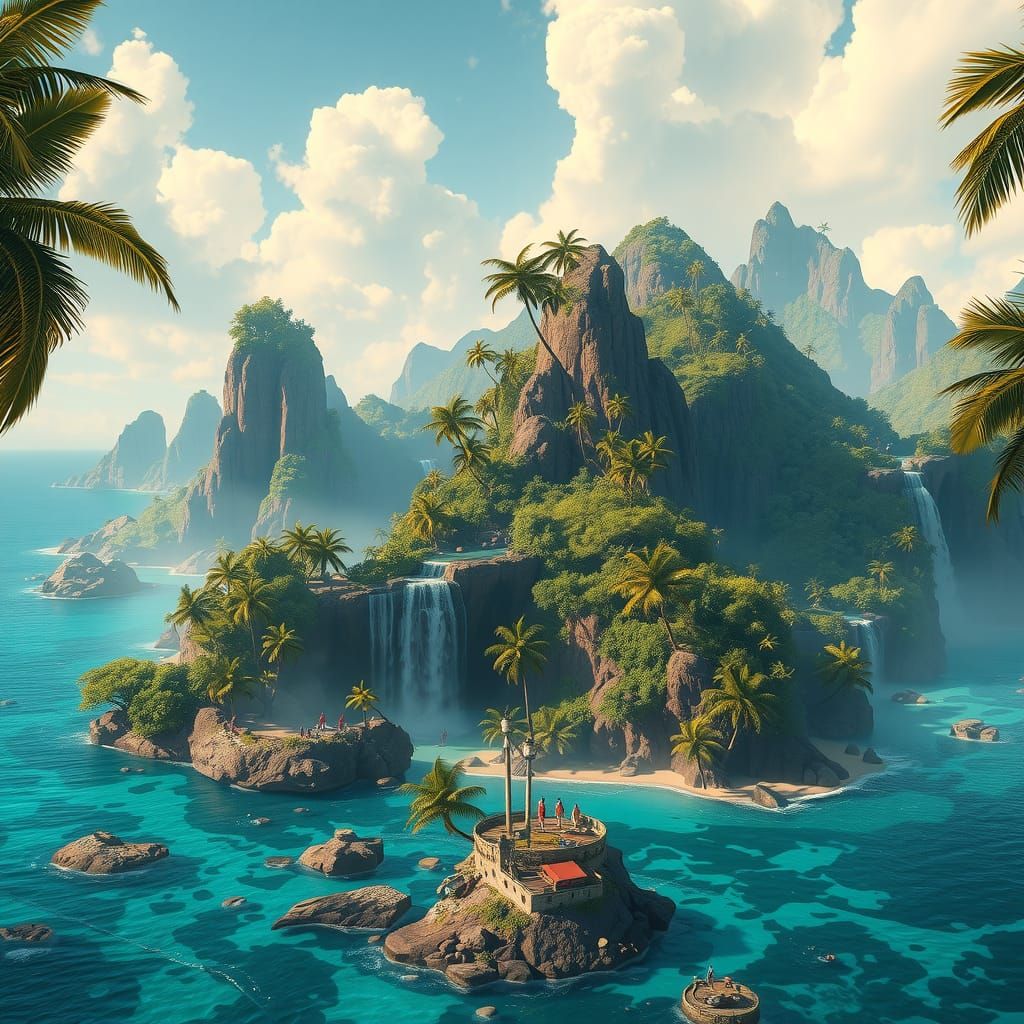 Lush Tropical Islands with Waterfalls in Fantasy Landscape
