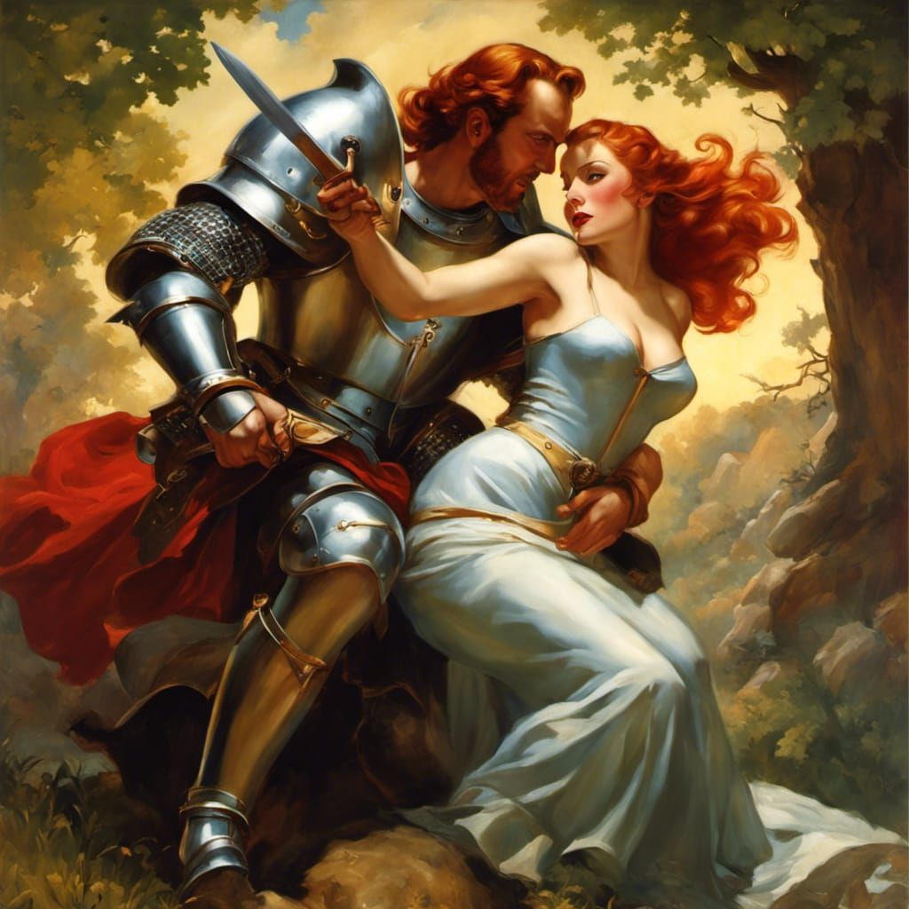 Knight Battles Beast with Maiden: Gil Elvgren Style