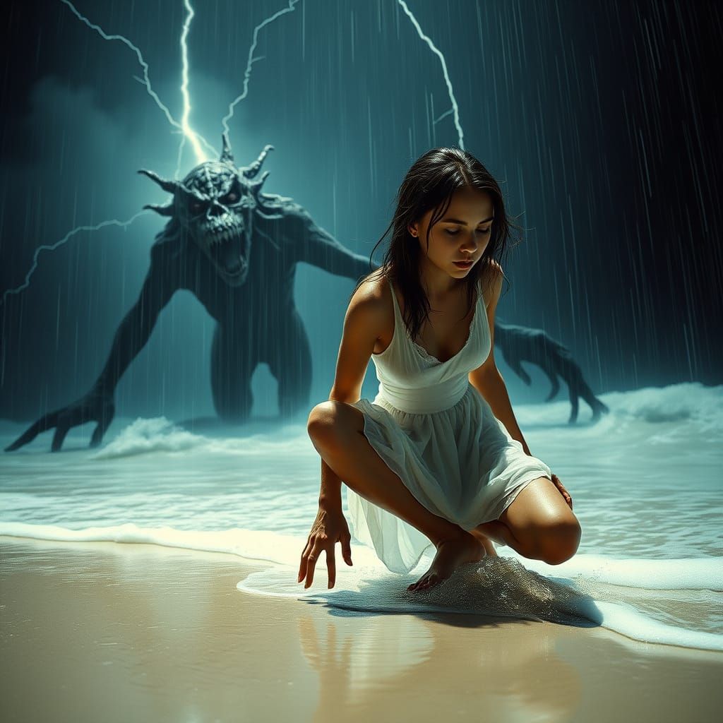 Woman Faces Lovecraftian Horror in Dark, Ominous Seascape