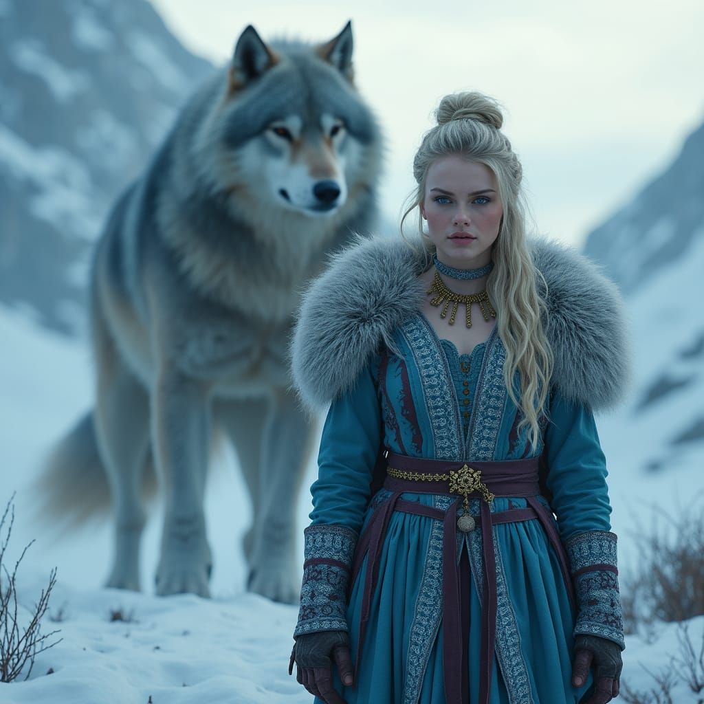 Fierce Viking Goddess Angrboda and Fenrir