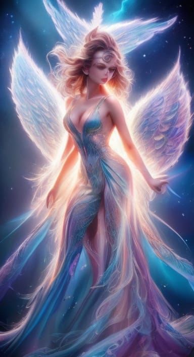 Majestic Angel Descends from Nebula in Stylized Painterly Ar...