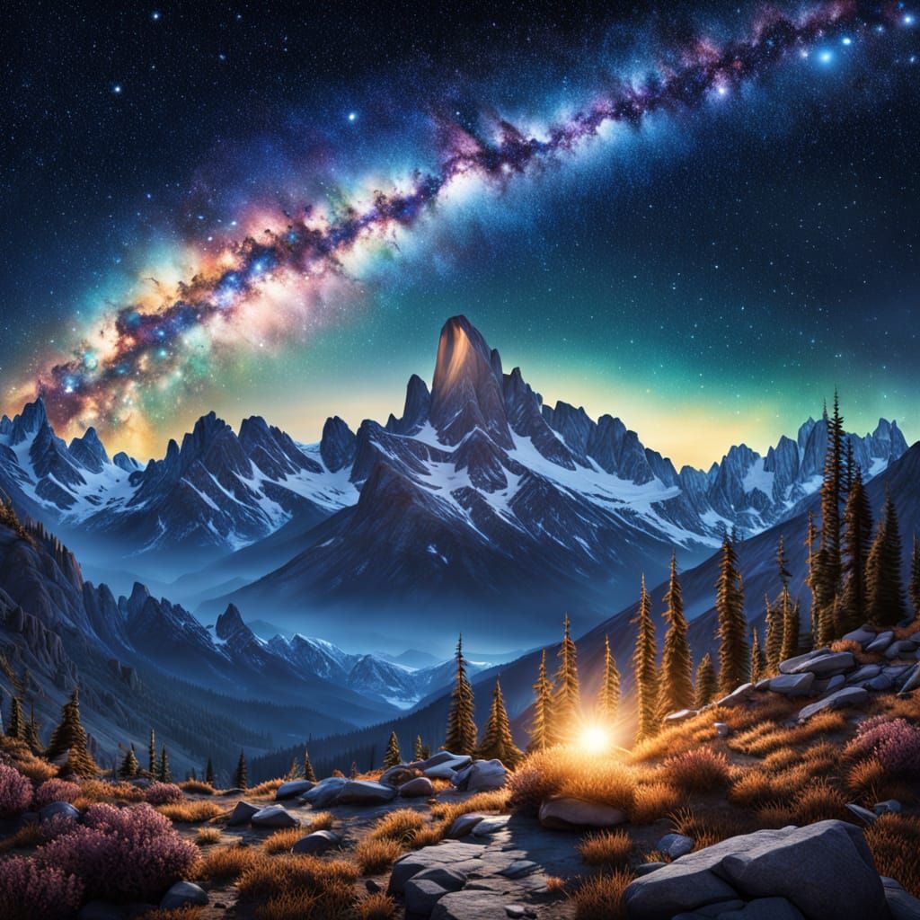 Serene Mountain Peak Under Starry Night Sky
