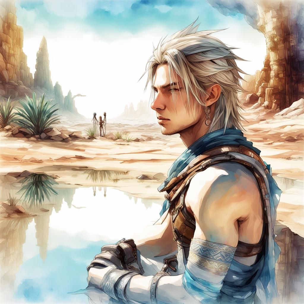 Vaan at Desert Oasis: Digital Watercolor Sunrise