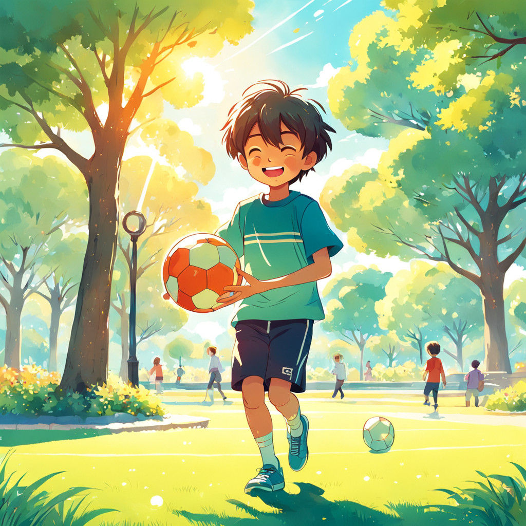 Vibrant Anime Boy at Play in Sunlit Park