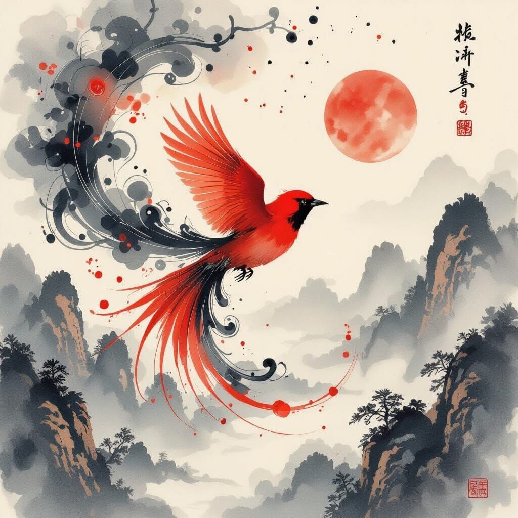 Red Bird Transforms into Celestial Ink Art