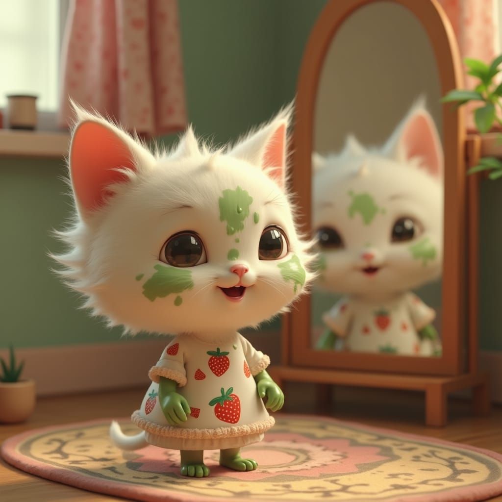 Whimsical Kitten Prepares for Pampering in a Cozy Room