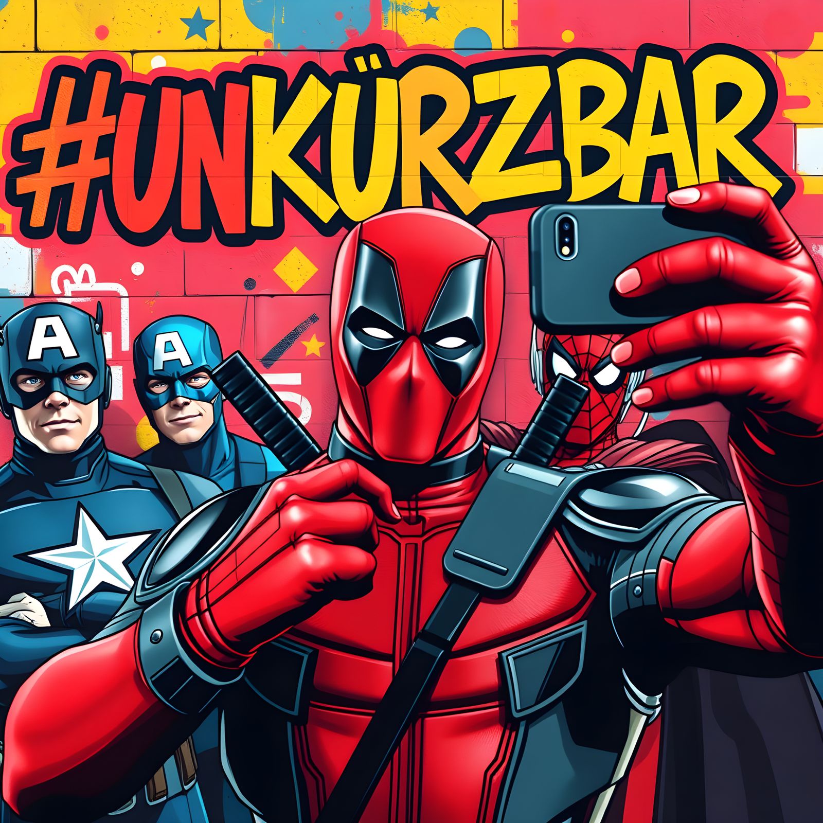 Deadpool Selfie with Superheroes in Pop Art Style