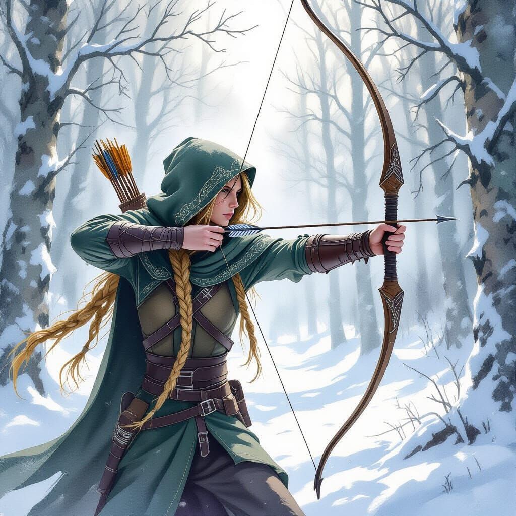 Elven Archer in Snowy Forest: Watercolor Art