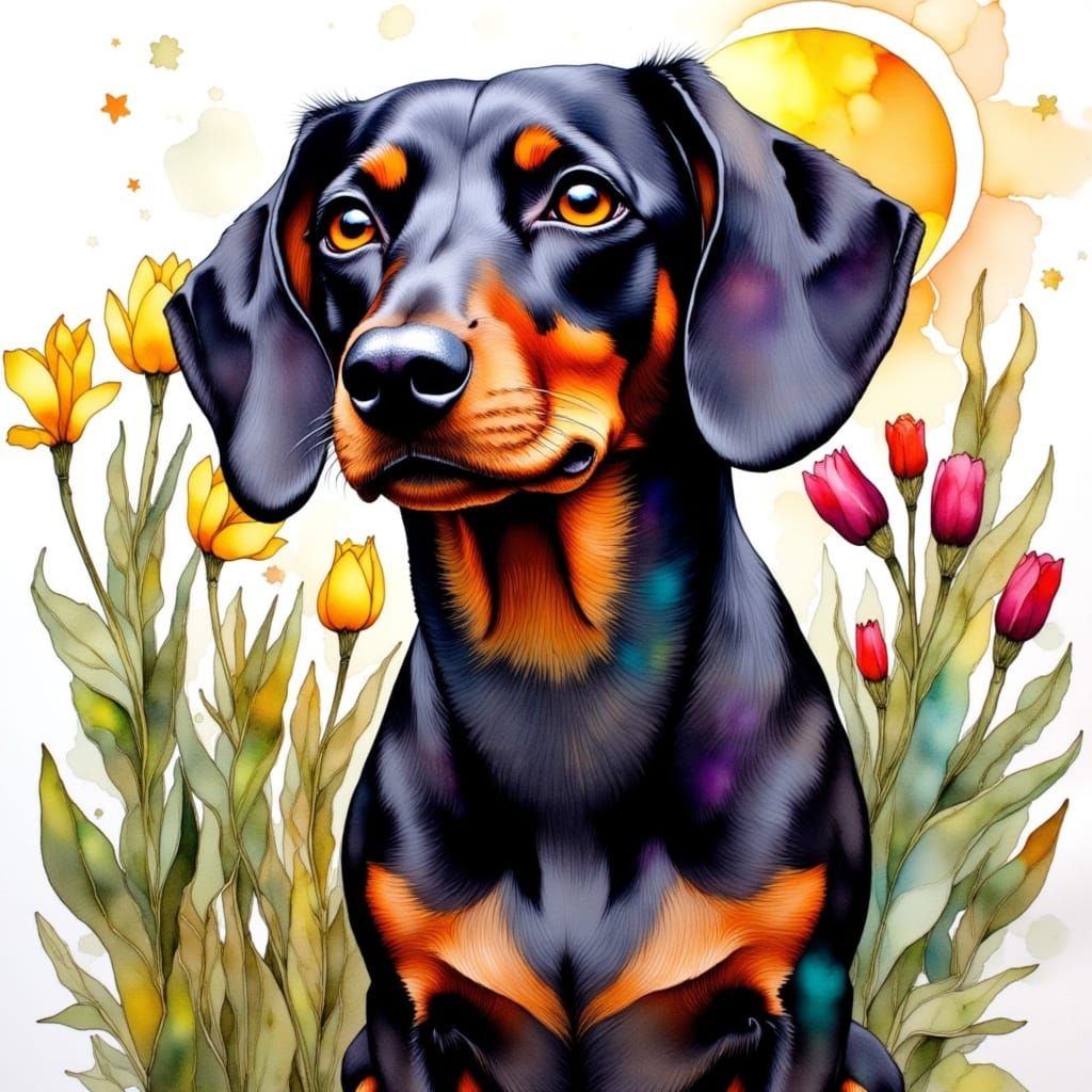 Dachshund in Spring Garden: Impressionist Alcohol Ink Art