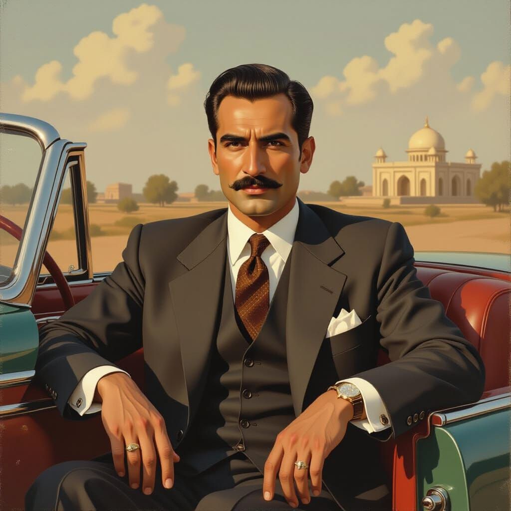 Quaid e Azam in Vintage Car, Realism Art