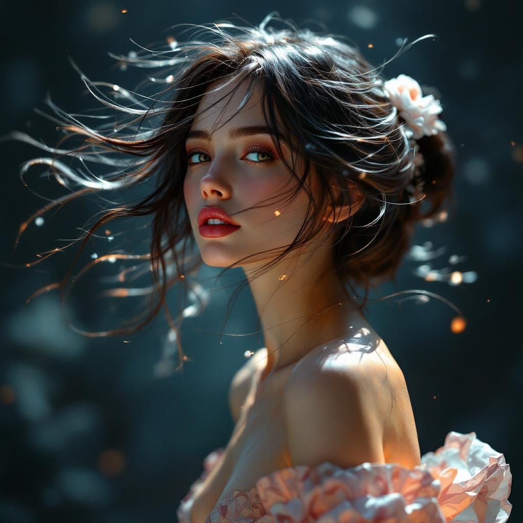 Windswept Woman Portrait with Hyperrealistic Details