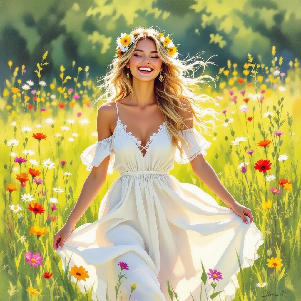Slavic Beauty in a Sunlit Meadow: Watercolor Art