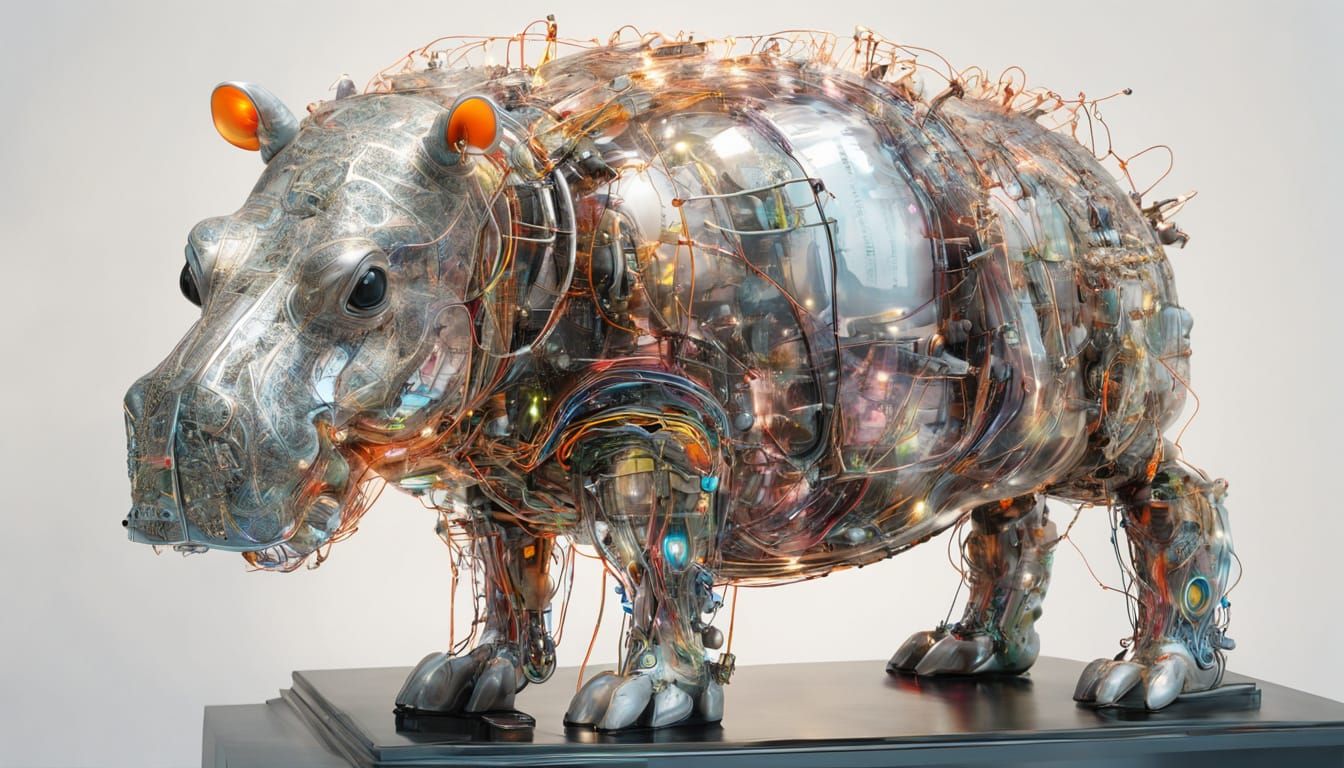 Cyborg Hippo with Glass Nebulae in Cyberpunk Style