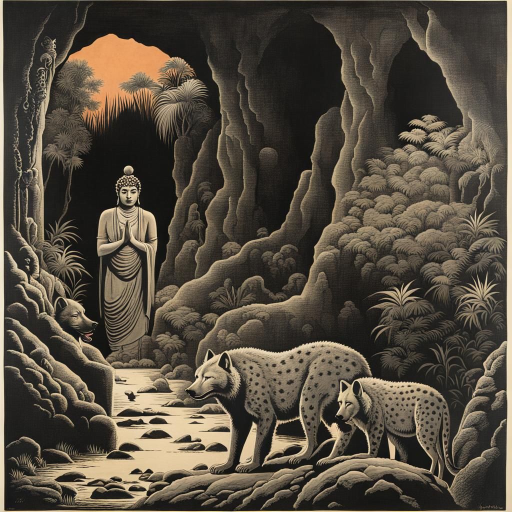 Surreal Fusion: Caveman, Greaser, Buddha, and Hyena