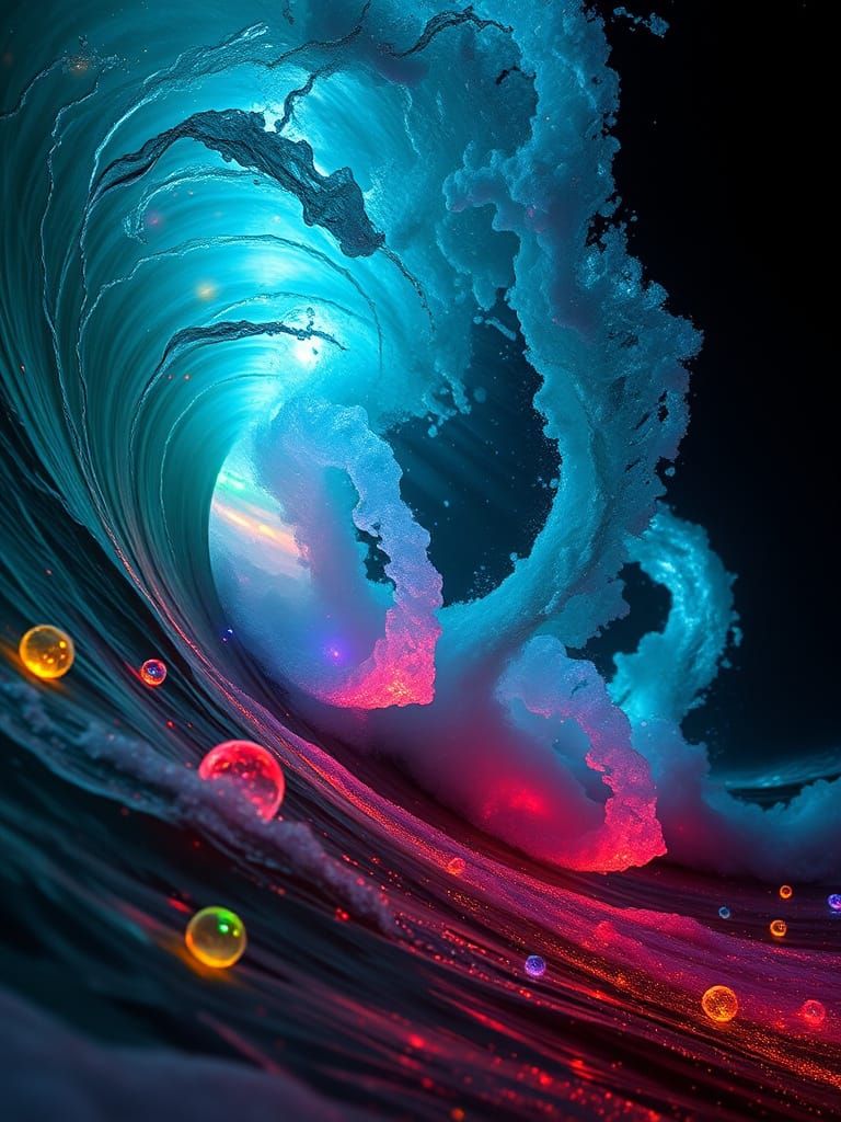 Bioluminescent Beads Suspended in Ocean Waves
