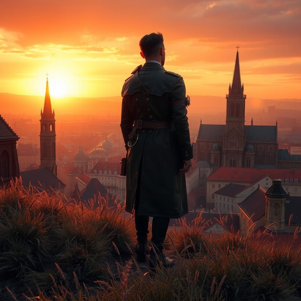 Steampunk Silhouette Over Gothic City at Sunset